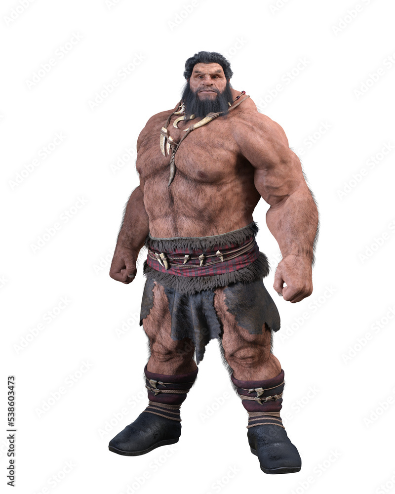 Isolated 3D rendering of a large fantasy giant man with beard standing in a loincloth and boots.  - obrazy, fototapety, plakaty 