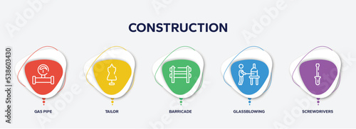 infographic element template with construction outline icons such as gas pipe, tailor, barricade, glassblowing, screwdrivers vector.