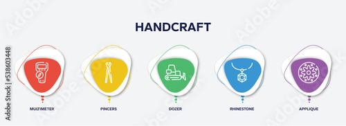 infographic element template with handcraft outline icons such as multimeter, pincers, dozer, rhinestone, applique vector.