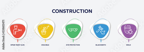 infographic element template with construction outline icons such as spray paint gun, crucible, eye protection, blacksmith, weld vector.