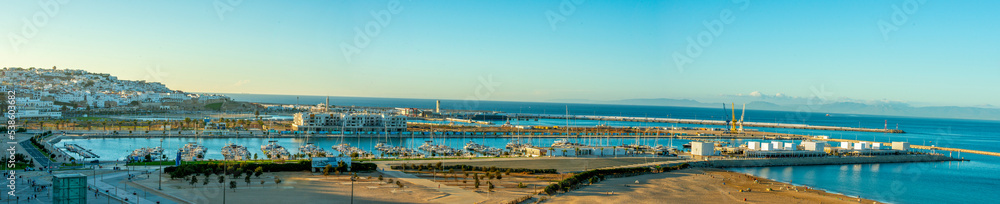 Panorama picture of the Moroccan port of Tangiers. Tangier, located in the north of Morocco, is Africa's gateway to Europe