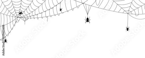 Leinwand Poster Black halloween banner with spiderweb and spiders silhouettes, cobweb spooky bac