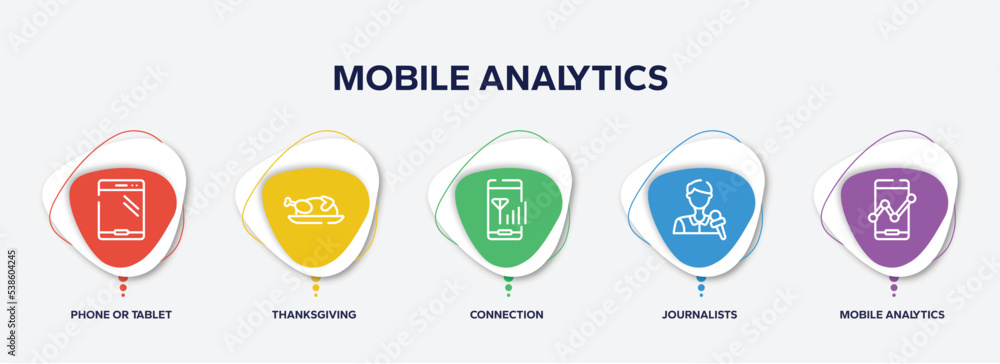 infographic element template with mobile analytics outline icons such as phone or tablet, thanksgiving, connection, journalists, mobile analytics tool vector.