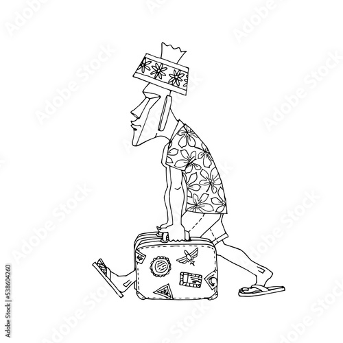 A man from Easter Island is traveling. Moai statue in Hawaiian shirt. Vector illustration with black ink lines isolated on white background in a hand drawn style.