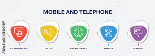 infographic element template with mobile and telephone outline icons such as international mail, muted, caution triangle, reporter, video call vector.