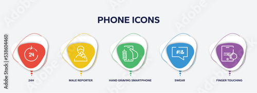 infographic element template with phone icons outline icons such as 24h, male reporter, hand graving smartphone, swear, finger touching tablet screen vector.