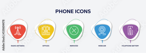 infographic element template with phone icons outline icons such as radio antenna, offices, removed, webcam, telephone battery half charged vector.