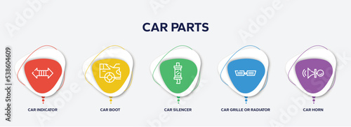 infographic element template with car parts outline icons such as car indicator, car boot, silencer, grille or radiator grille, horn vector.