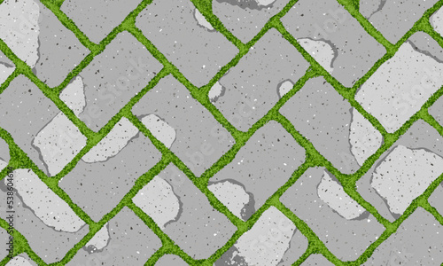 Seamless pattern of old pavement with moss and herringbone textured cracked old bricks. Vector pathway texture top view. Outdoor concrete slab sidewalk. Cobblestone footpath. Concrete block floor