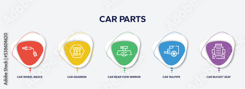 infographic element template with car parts outline icons such as car wheel brace, car gearbox, rear-view mirror, tailpipe, bucket seat vector.