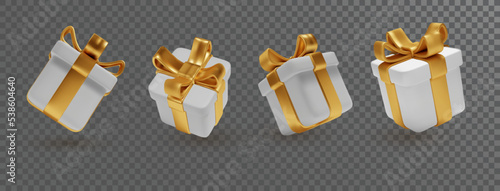 Gift boxes set with gold ribbon bow isolated on transperent background. Realistic vector holiday surprise box for birthday or wedding, christmas celebration banners.