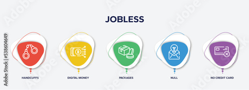 infographic element template with jobless outline icons such as handcuffs, digital money, packages, null, no credit card vector.