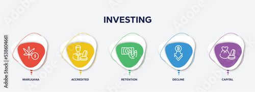infographic element template with investing outline icons such as marijuana, accredited, retention, decline, capital vector.