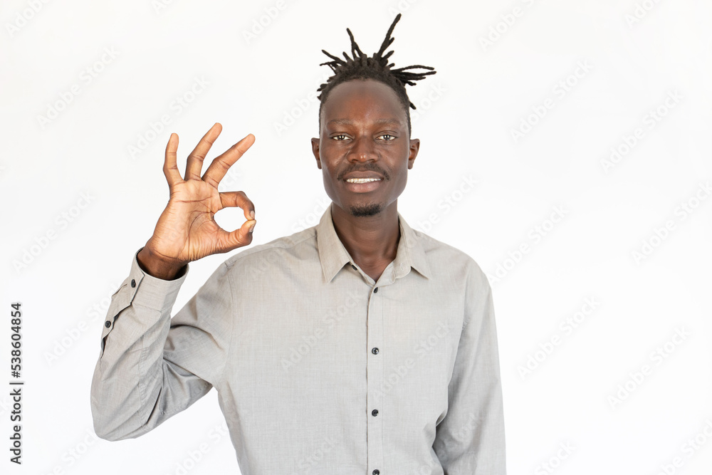 Portrait of happy young man making ok gesture against white background. African American businessman with dreads wearing gray shirt looking at camera and smiling. Approval concept Portrait of happy young man making ok gesture against white background. African American businessman with dreads wearing gray shirt looking at camera and smiling. Approval concept