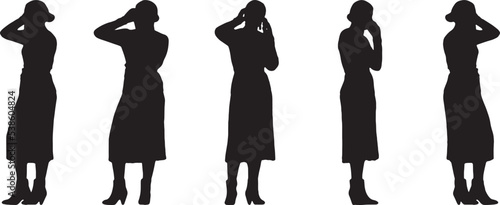 Silhouette of a well dressed business woman from multiple angles holding mobile phone on her ear and talking. Isolated vector silhouettes