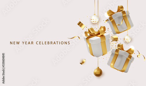 New Year and Merry Christmas background with realistic white gift boxes with golden bows and holiday decor, gold falling confetti. Realistic vector holiday concept.