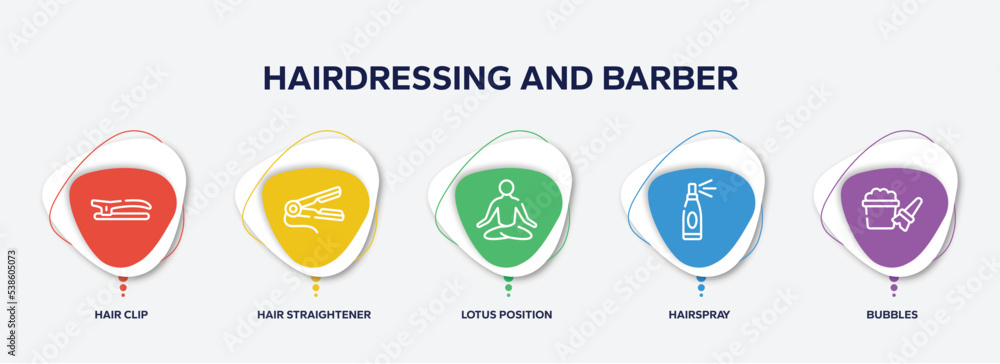 Fototapeta premium infographic element template with hairdressing and barber outline icons such as hair clip, hair straightener, lotus position, hairspray, bubbles vector.