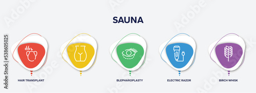 infographic element template with sauna outline icons such as hair transplant, , blepharoplasty, electric razor, birch whisk vector.
