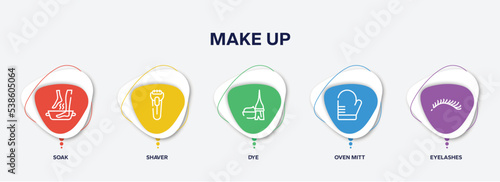 infographic element template with make up outline icons such as soak, shaver, dye, oven mitt, eyelashes vector.