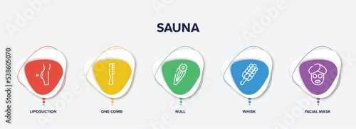 infographic element template with sauna outline icons such as liposuction, one comb, null, whisk, facial mask vector.