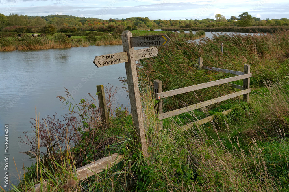 Public footpath sign beside the River Arun, West Sussex, England
