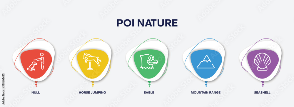 Fototapeta premium infographic element template with poi nature outline icons such as null, horse jumping, eagle, mountain range, seashell vector.