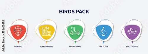 infographic element template with birds pack outline icons such as vampire, hotel building, roller skate, fire flame, bird and egg vector.