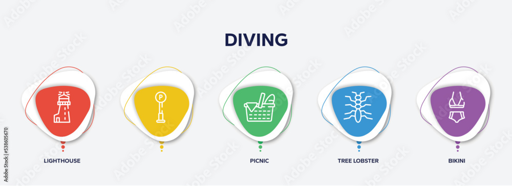 Fototapeta premium infographic element template with diving outline icons such as lighthouse, , picnic, tree lobster, bikini vector.