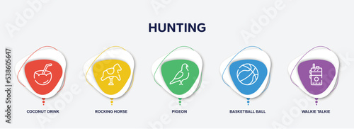 infographic element template with hunting outline icons such as coconut drink, rocking horse, pigeon, basketball ball, walkie talkie vector.