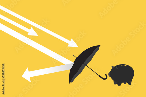 piggy bank behind umbrella to cover and protect from downturn arrow. Protection or defensive stock in economy crisis