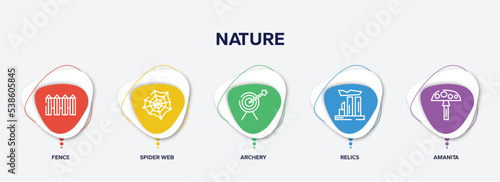 infographic element template with nature outline icons such as fence, spider web, archery, relics, amanita vector.