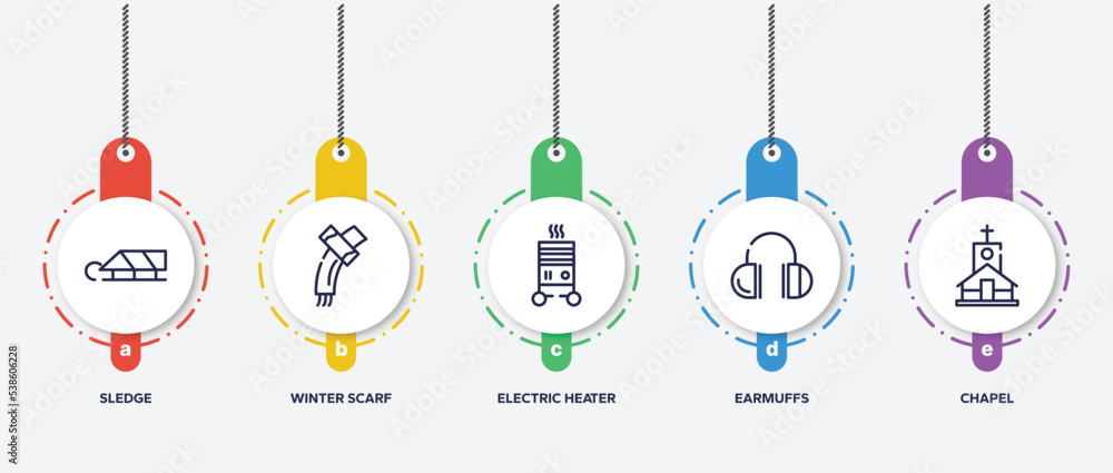 infographic element template with winter outline icons such as sledge, winter scarf, electric heater, earmuffs, chapel vector. infographic element template with winter outline icons such as sledge, winter scarf, electric heater, earmuffs, chapel vector.