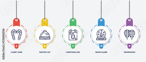 infographic element template with winter outline icons such as candy cane, winter cap, christmas day, snow globe, snowshoes vector.