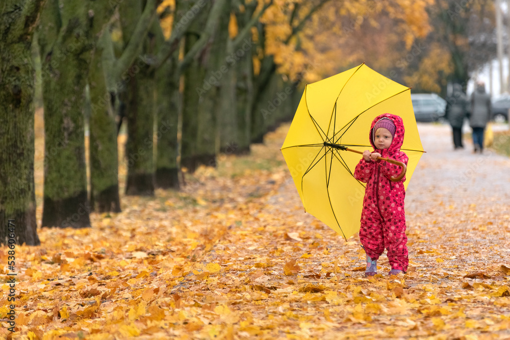 Child with yellow umbrella is walking in the autumn park. Yellow foliage underfoot. Walking under rain