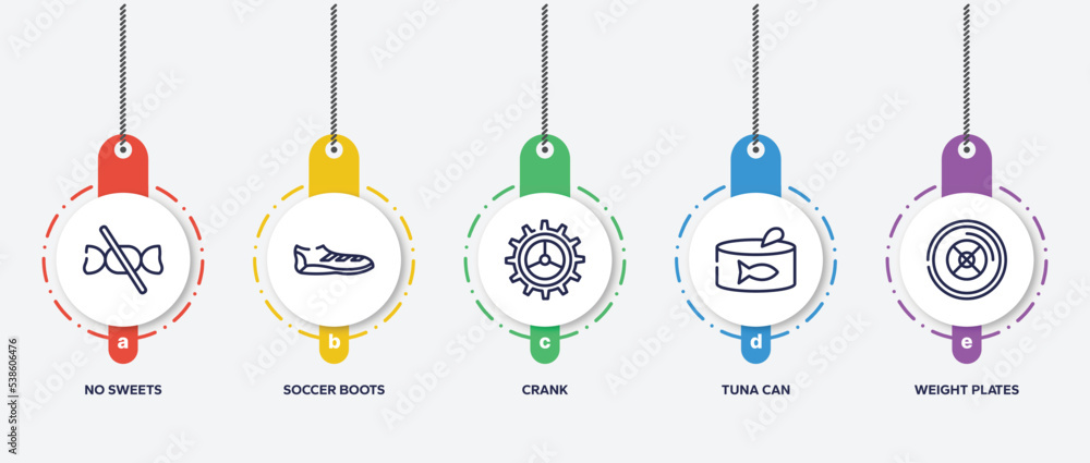 infographic element template with gym outline icons such as no sweets, soccer boots, crank, tuna can, weight plates vector.