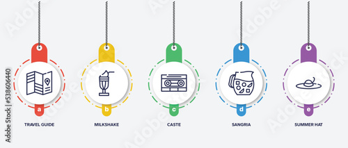 infographic element template with summer outline icons such as travel guide, milkshake, caste, sangria, summer hat vector.