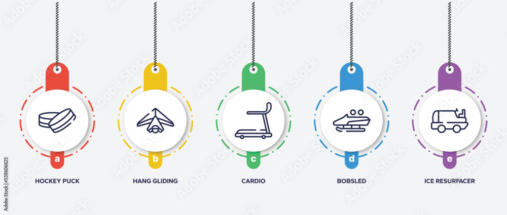 infographic element template with winter sports outline icons such as hockey puck, hang gliding, cardio, bobsled, ice resurfacer vector. infographic element template with winter sports outline icons such as hockey puck, hang gliding, cardio, bobsled, ice resurfacer vector.