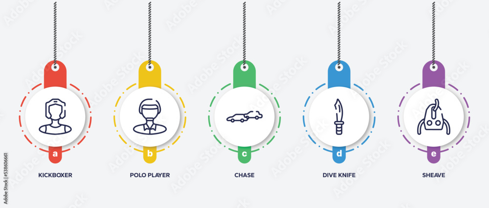 infographic element template with adventure sports outline icons such as kickboxer, polo player, chase, dive knife, sheave vector. infographic element template with adventure sports outline icons such as kickboxer, polo player, chase, dive knife, sheave vector.