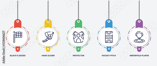 infographic element template with sport avatars outline icons such as black flagged, hang glider, protector, hockey pitch, waterpolo player vector.