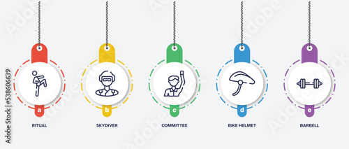 infographic element template with gym equipment outline icons such as ritual, skydiver, committee, bike helmet, barbell vector.