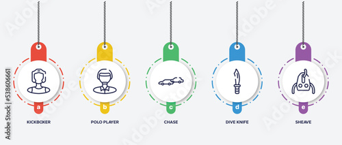 infographic element template with adventure sports outline icons such as kickboxer, polo player, chase, dive knife, sheave vector.