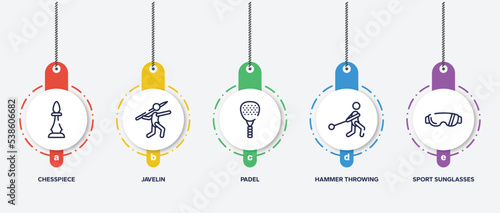 infographic element template with adventure sports outline icons such as chesspiece, javelin, padel, hammer throwing, sport sunglasses vector.