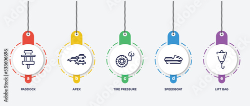 infographic element template with diving outline icons such as paddock, apex, tire pressure, speedboat, lift bag vector.