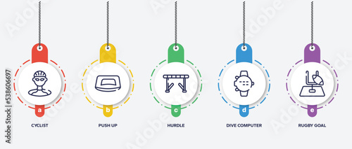 infographic element template with sports outline icons such as cyclist, push up, hurdle, dive computer, rugby goal vector.