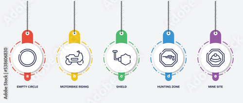 infographic element template with indications outline icons such as empty circle, motorbike riding, shield, hunting zone, mine site vector.
