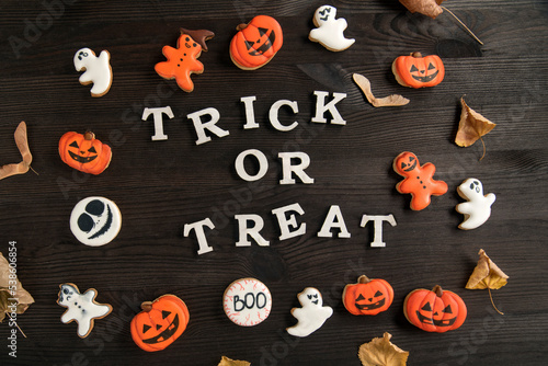 Halloween mock-up white and orange delicious ginger cookies on a brown wooden surface. Inscription: trick or treat