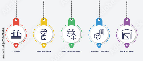 infographic element template with shipping and handly outline icons such as keep up, parachute box, worldwide delivery, delivery clipboard, stack in depot vector.