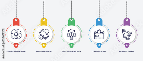 infographic element template with general outline icons such as future technology, implementation, collaborative idea, credit rating, biomass energy vector.