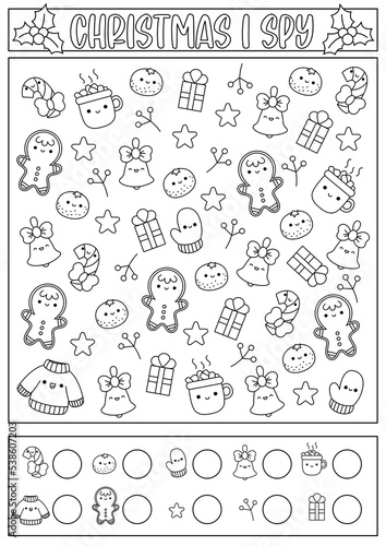 Christmas black and white I spy game for kids. Searching and counting line activity with cute kawaii holiday symbols. Winter printable worksheet, coloring page. New Year puzzle with gingerbread.