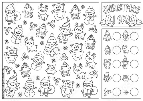 Christmas black and white I spy game for kids. Searching and counting activity with cute kawaii holiday symbols. Winter printable worksheet, coloring page. New Year spotting puzzle with fir tree.